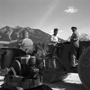 Daily work in a construction area, Germany 1950s. Daily work in a construction area, Germany 1950s.